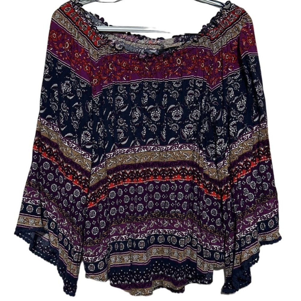 New Directions Women's Off the Shoulder‎ Blue Purple Blouse Elastic Neck Size L